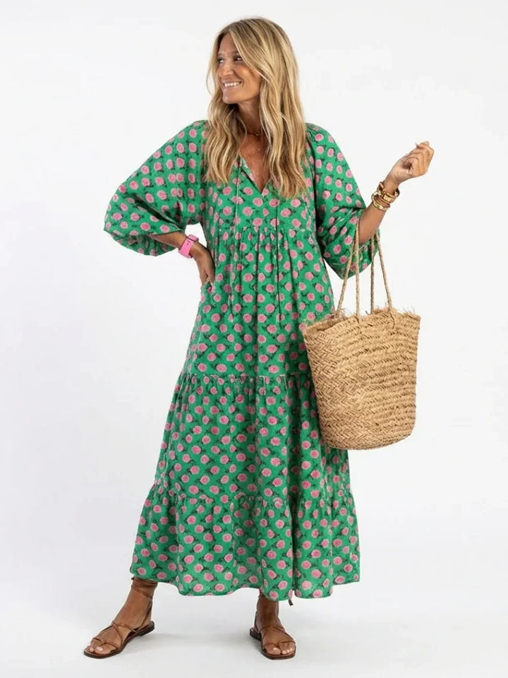 Fiora | Floral Print V Neck Tiered Midi Dress