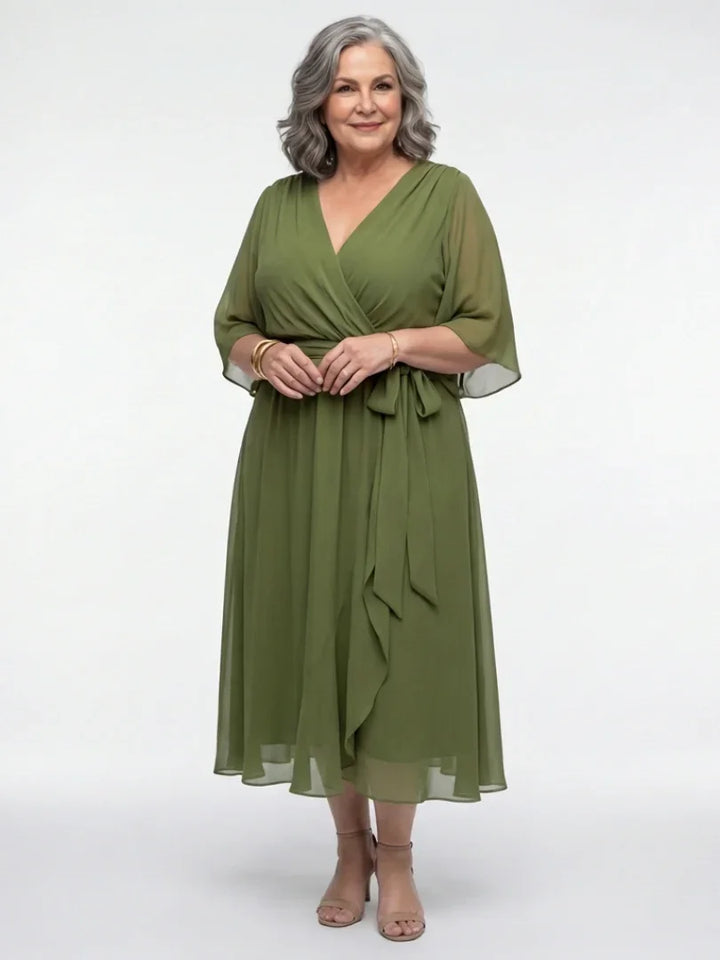 Elysia | V Neck Draped Waist Tie Midi Dress