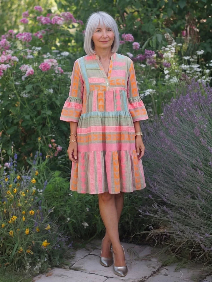 Maelle | Geometric Print V Neck Tiered Knee Length Dress
