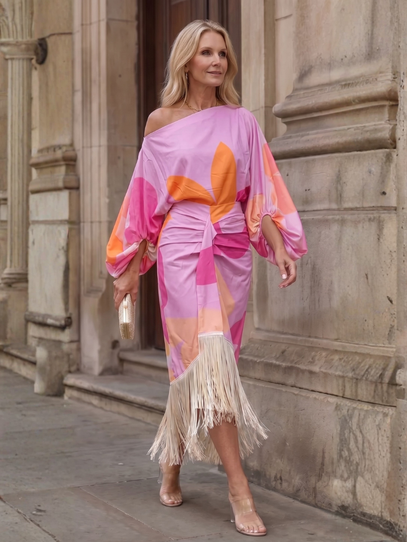 Koda | Abstract Print Fringe Hem Midi Dress