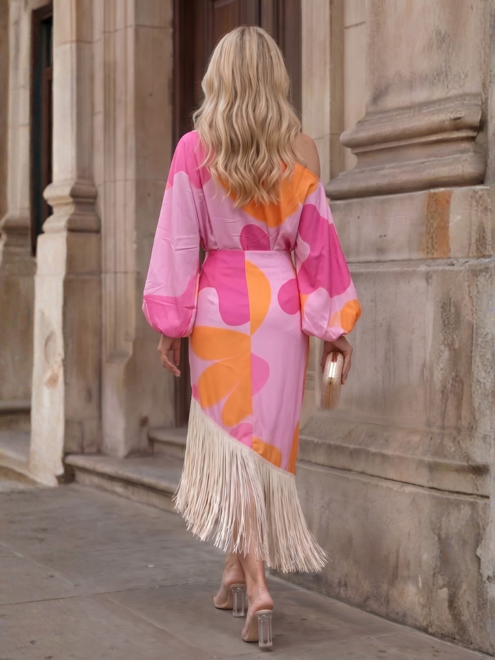 Koda | Abstract Print Fringe Hem Midi Dress