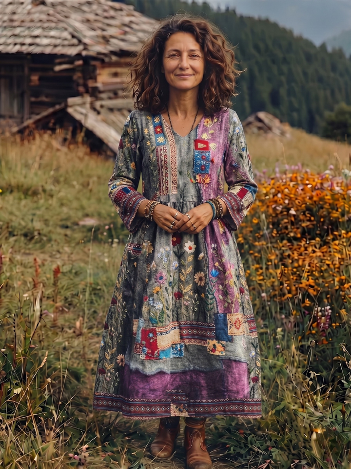 Alix | Embroidered Panel Long Sleeve Midi Dress