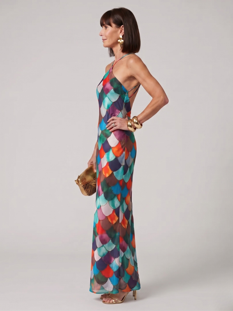 Larkin | Fitted Multicolor Scale Pattern Maxi Dress