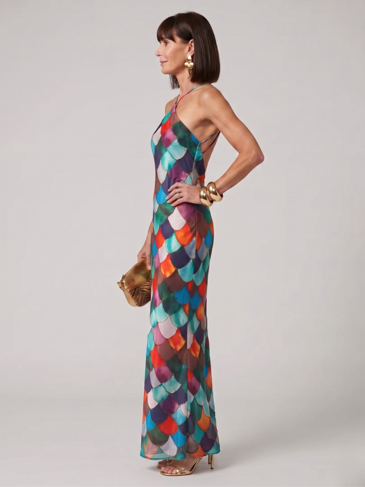 Larkin | Fitted Multicolor Scale Pattern Maxi Dress