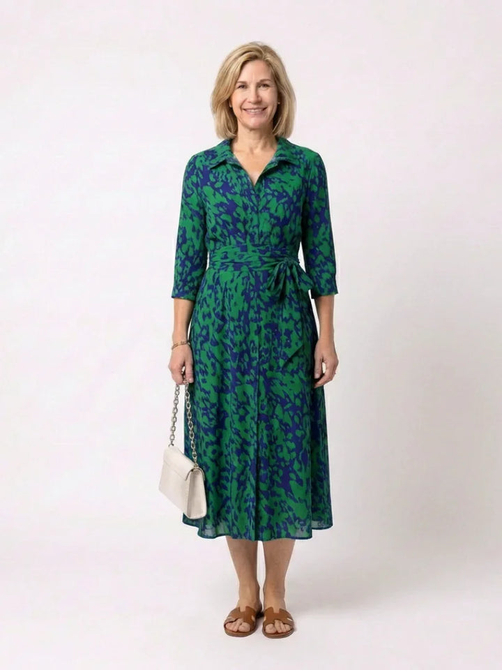 Oriana | Collared Long Sleeve Waist Tie Midi Dress