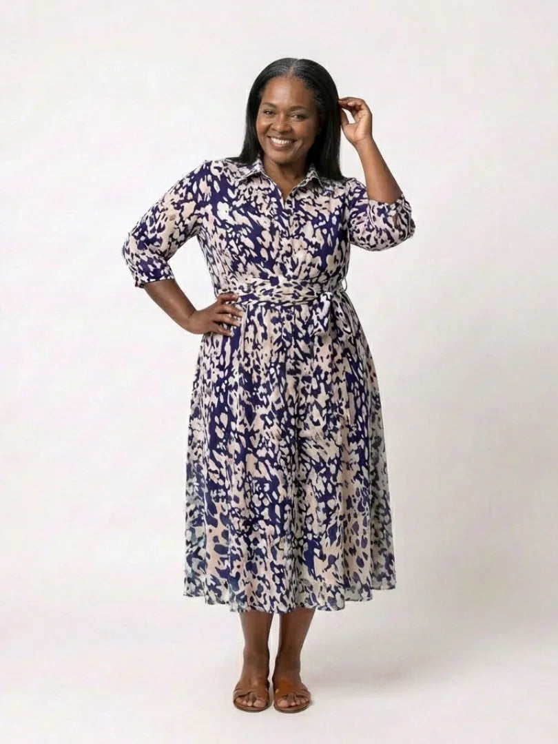 Oriana | Collared Long Sleeve Waist Tie Midi Dress