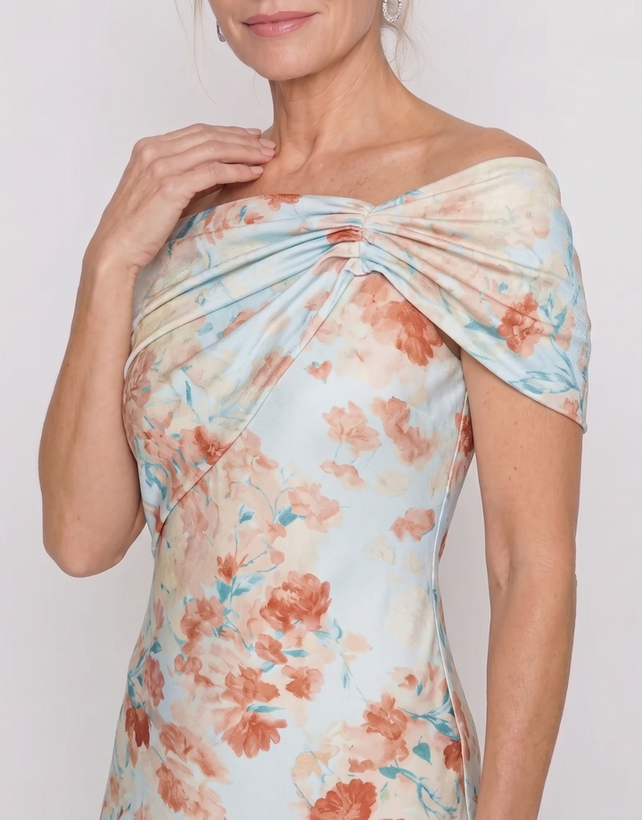 Imore | Soft Floral Off Shoulder Fitted Midi Dress