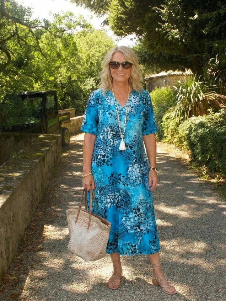 Althea | Short Sleeve V Neck Printed Midi Dress