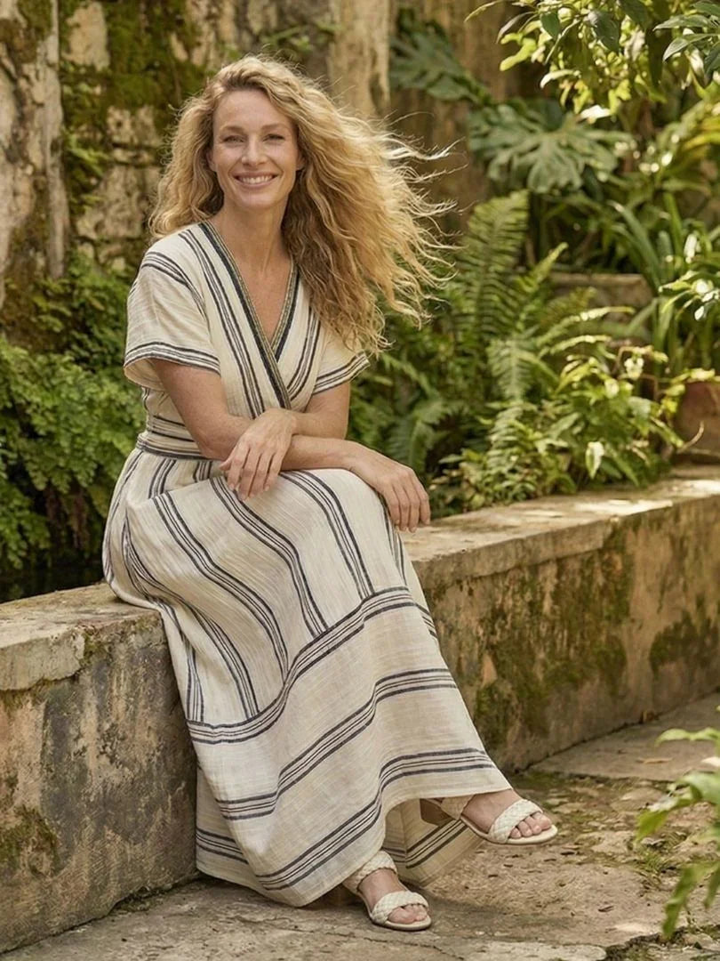 Thalassa | V Neck Short Sleeve Wrap Waist Midi Dress