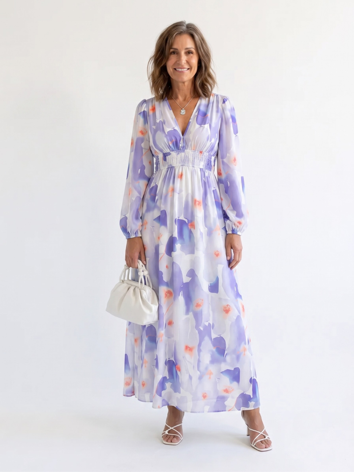 Althea | Women’s Maxi Dress with Long Sleeves and Elastic Waist Seam