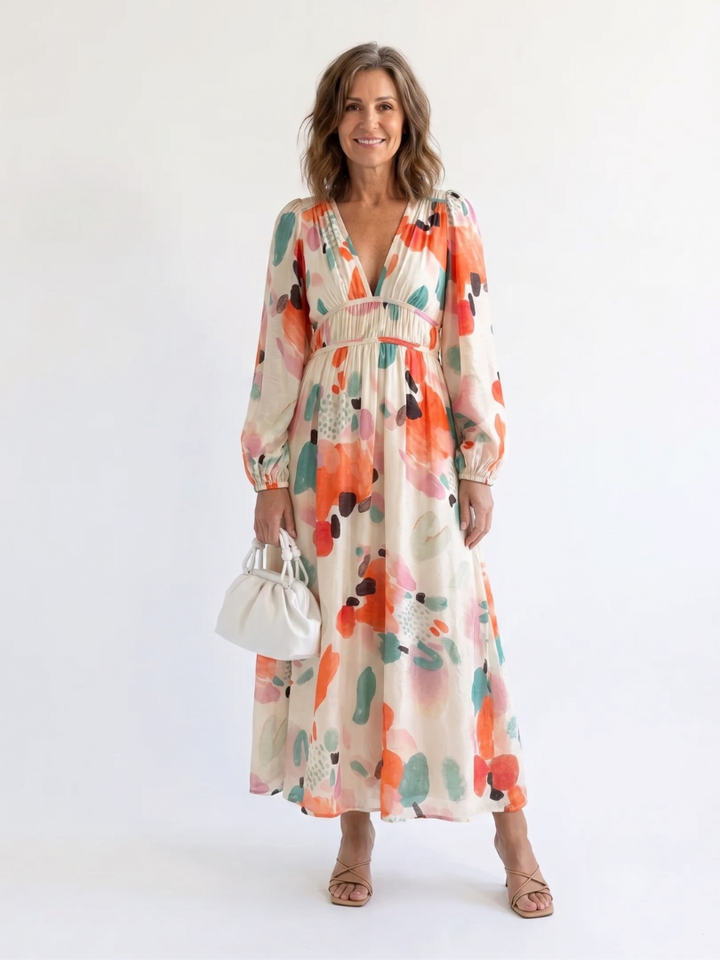 Althea | Women’s Maxi Dress with Long Sleeves and Elastic Waist Seam