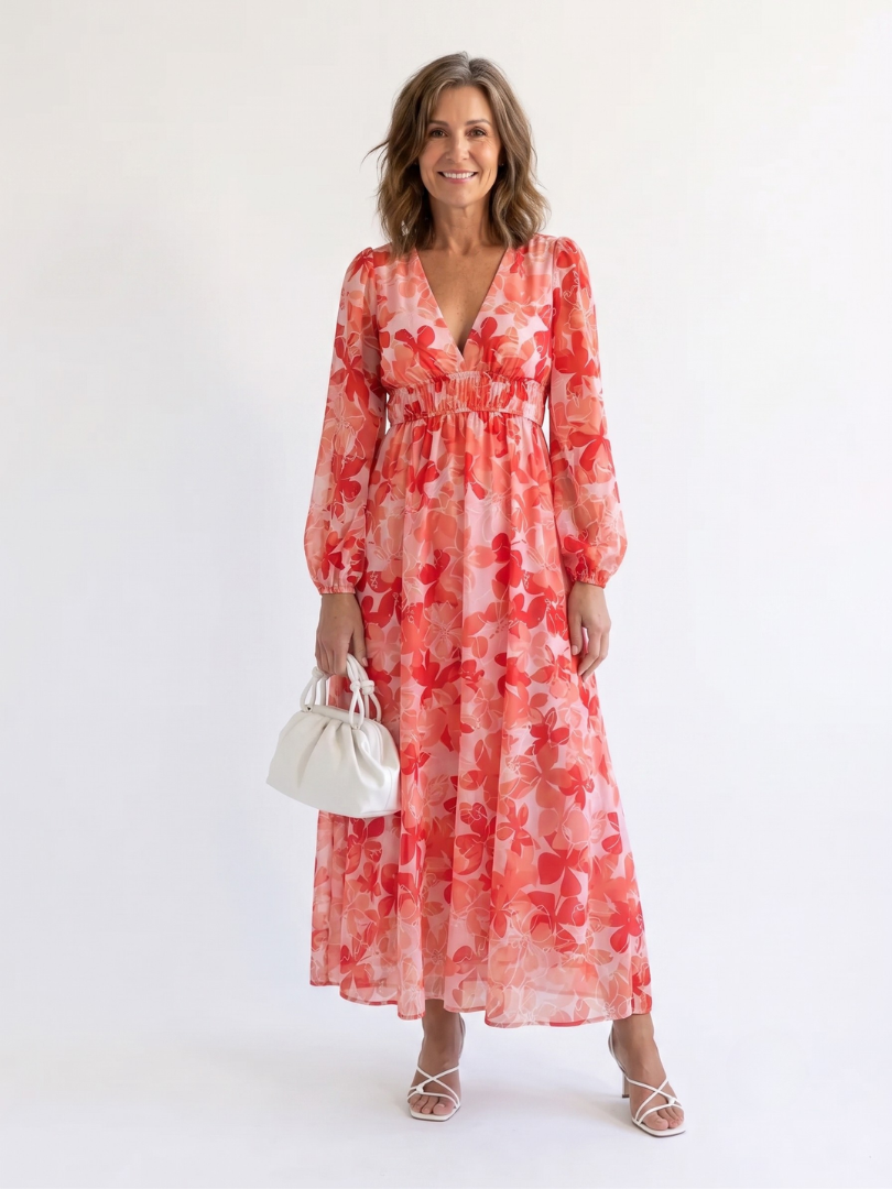 Althea | Women’s Maxi Dress with Long Sleeves and Elastic Waist Seam