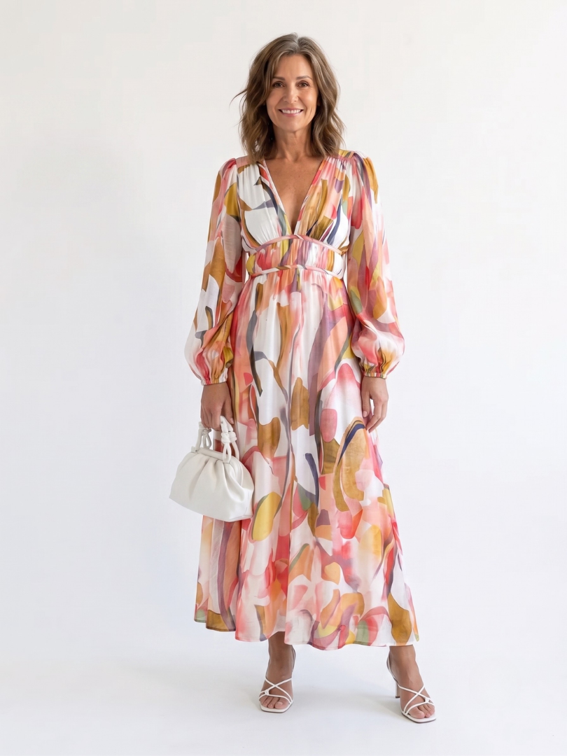 Althea | Women’s Maxi Dress with Long Sleeves and Elastic Waist Seam