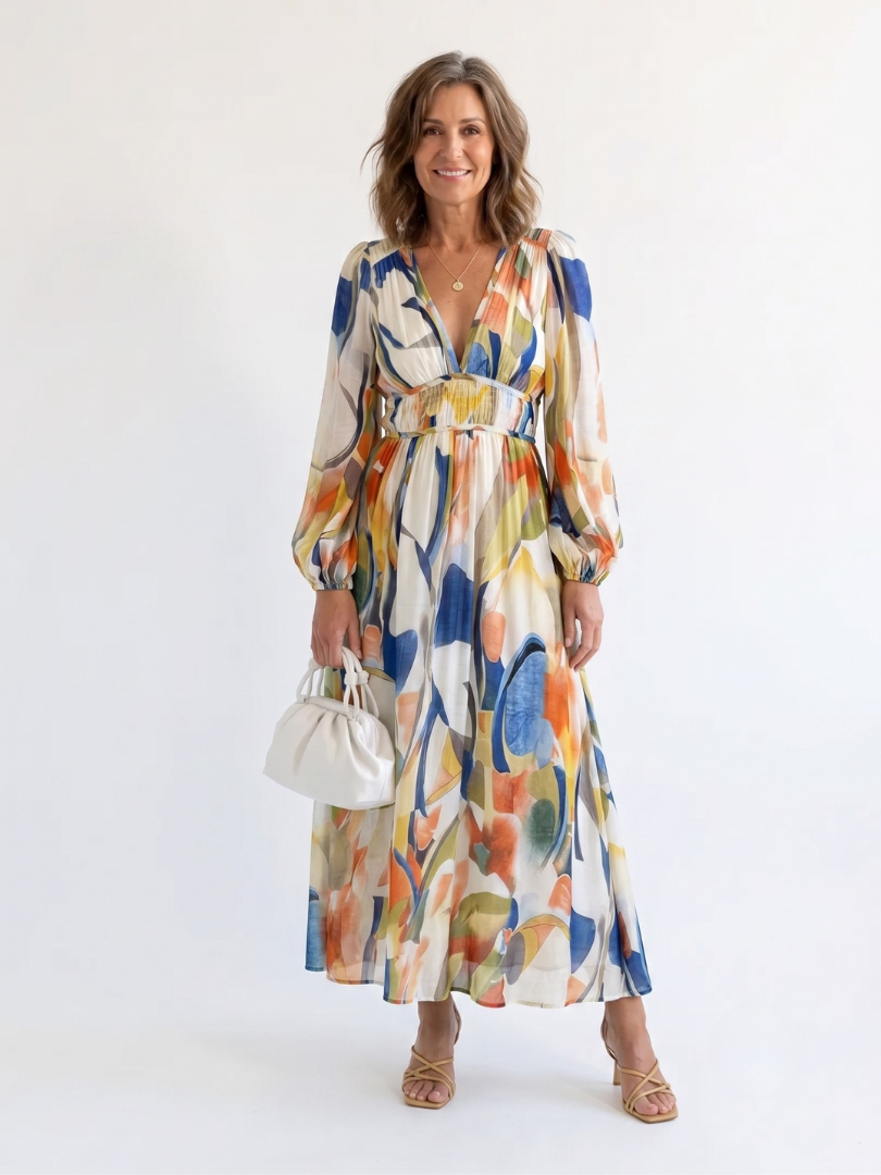 Althea | Women’s Maxi Dress with Long Sleeves and Elastic Waist Seam